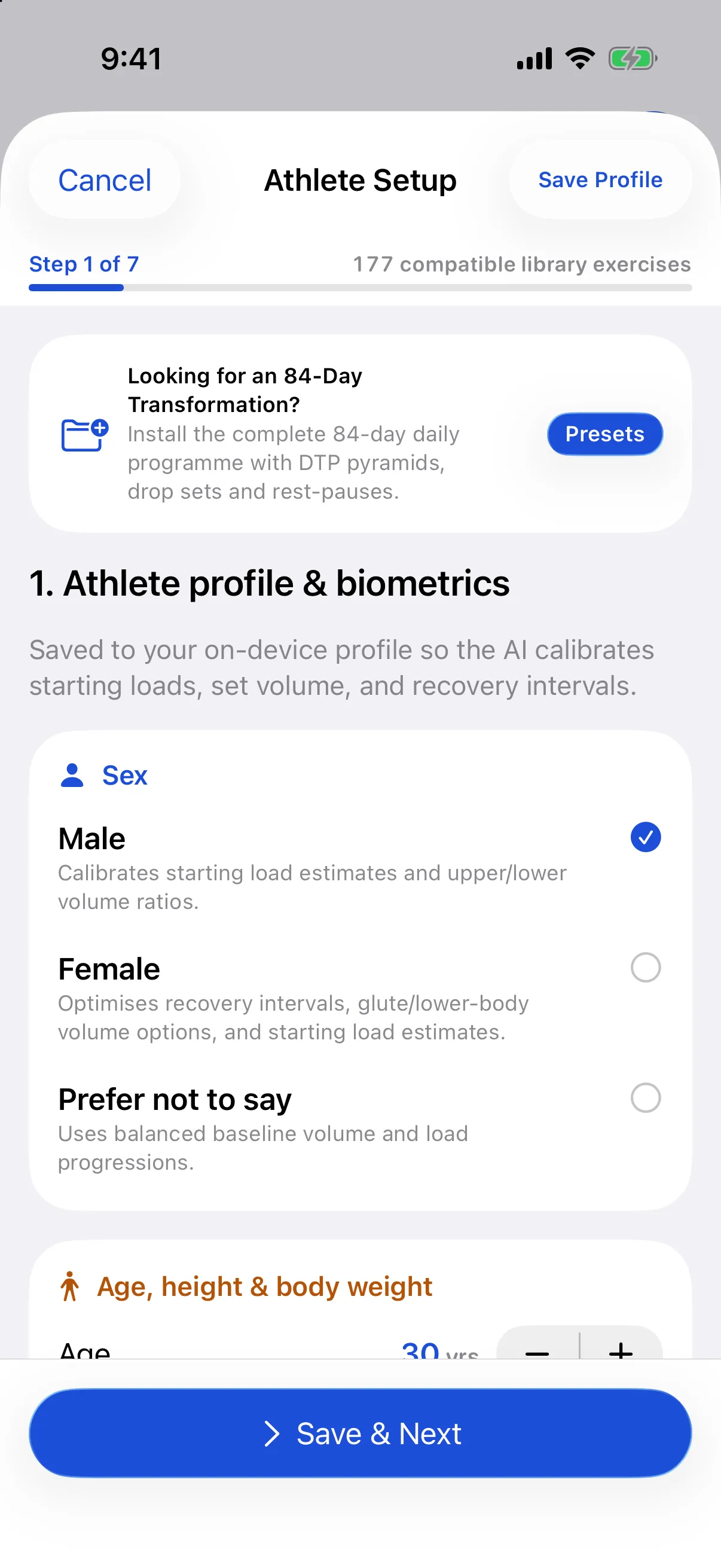 WorkoutCard Athlete Profile & AI Setup screen showing sex, age, height and body weight saved to your profile across a 7-step setup questionnaire