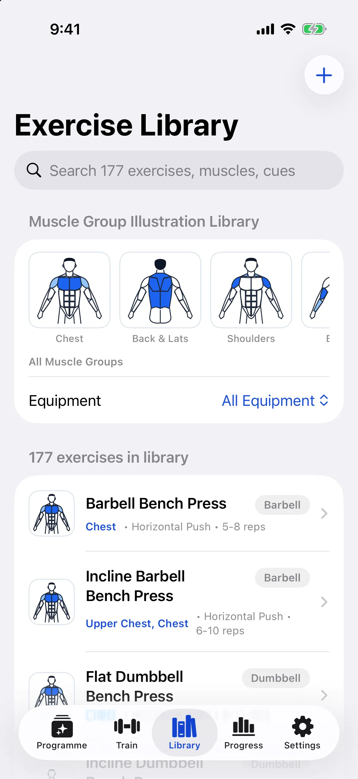 WorkoutCard Exercise Library screen showing the Muscle Group Illustration Library strip for Chest, Back & Lats and Shoulders above Barbell Bench Press