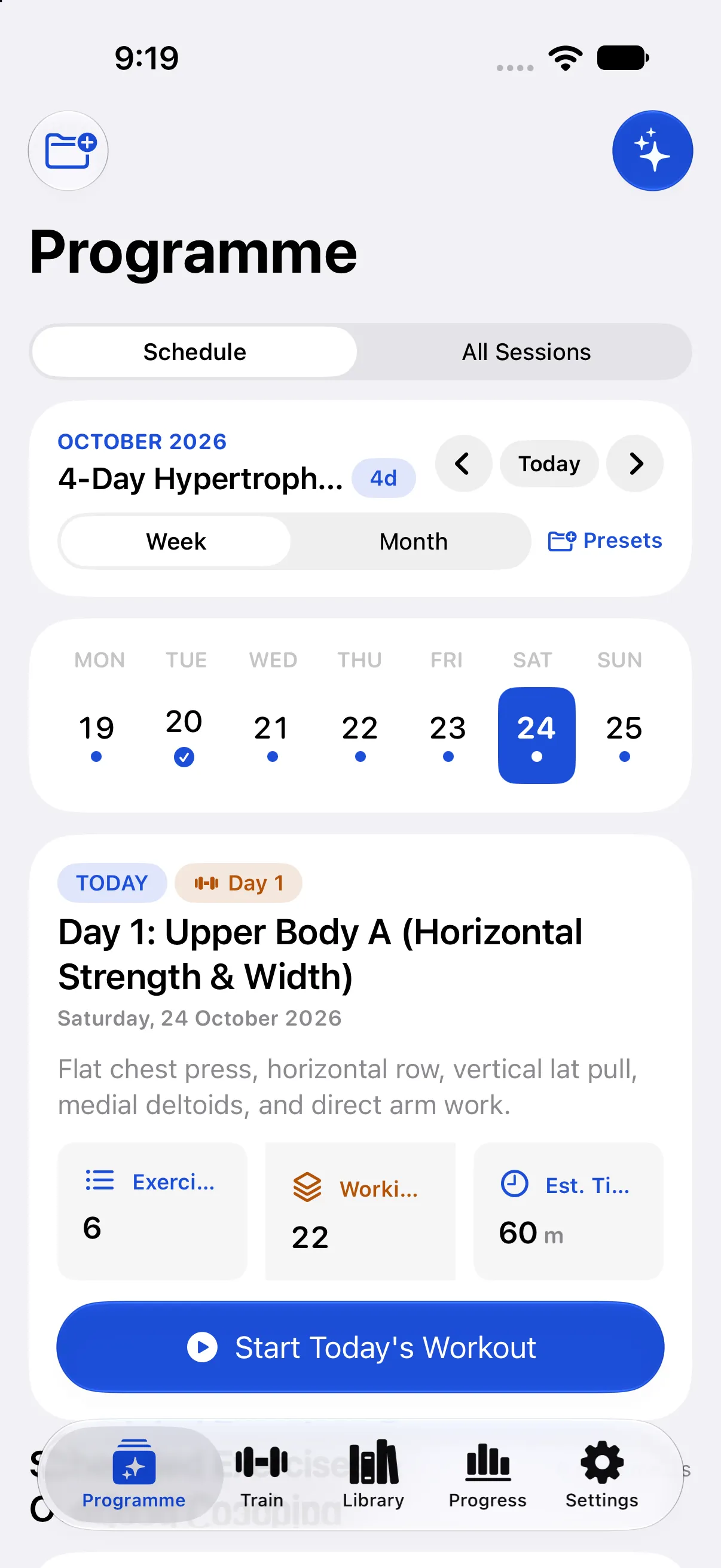 WorkoutCard Programme screen showing the Interactive Training Calendar & Schedule View with Week Strip, Today Hero Card, and Progressive Overload Weight Recommendations