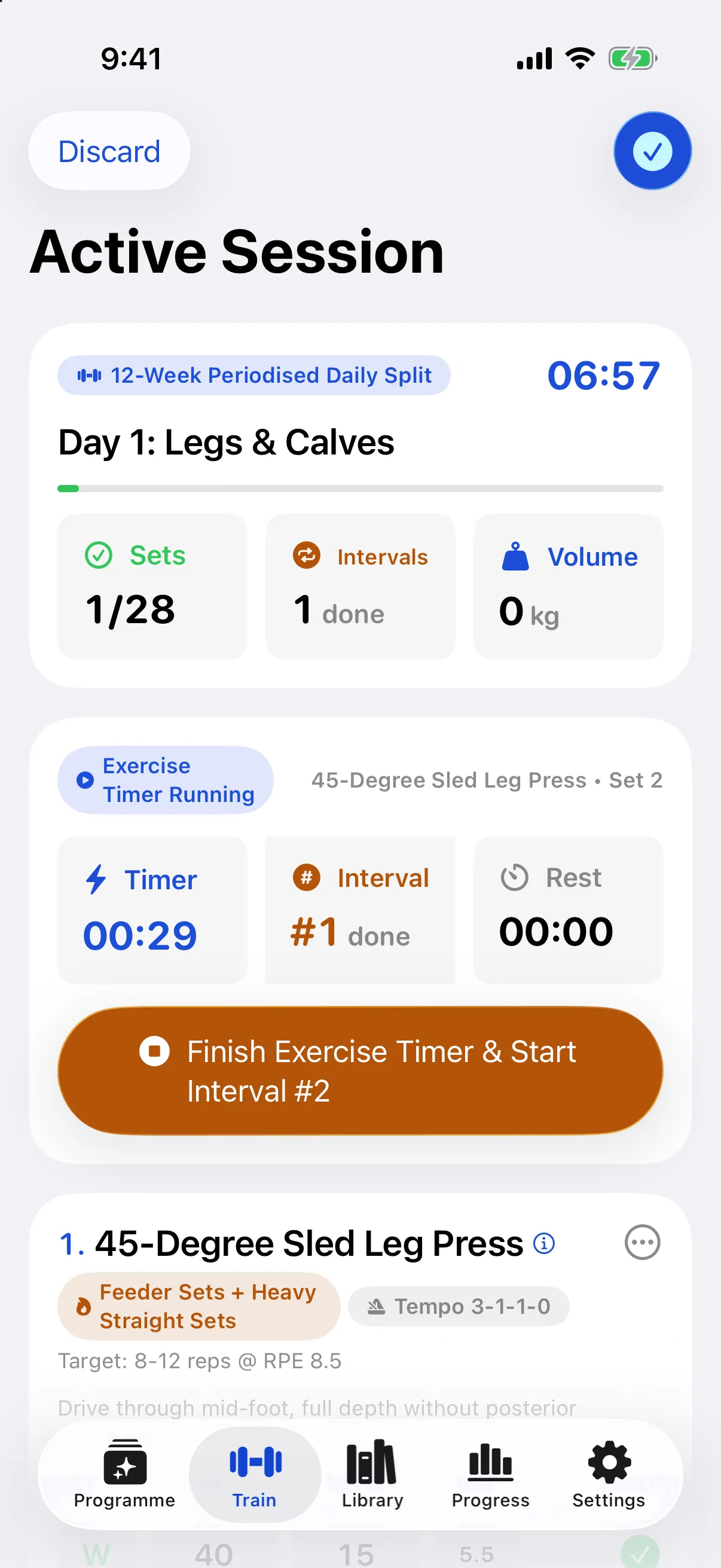 WorkoutCard active workout screen on iPhone showing the Start Exercise Timer running at 00:25, Interval #1 counter, and Finish Exercise Timer button for Incline Barbell Bench Press